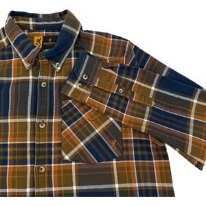 BROWNING Mens Large Plaid Flannel Long Sleeve Button Up Top Jacket Brown Outdoor
